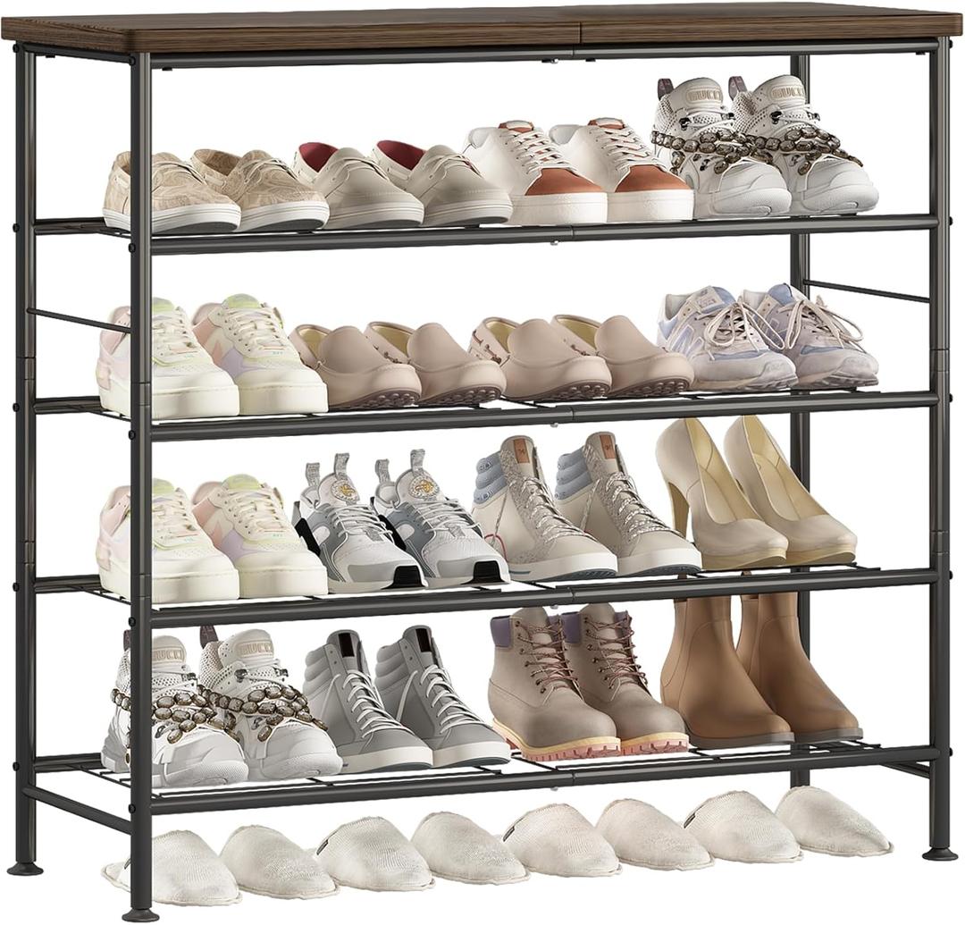 Shoe Rack Organizer 5 Tier for Closet Entryway Free Standing Metal Storage Shoe Shelf with MDF Top BoardBlack+Rustic Brown