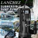 LANCHEZ 1.6HP 6000GPH Sump Pump, High Flow Submersible Water Pump with Float Switch, Automatic Transfer Water Pump for Swimming Pool Basement Flooded Pit Sewage Sink Tub, Black