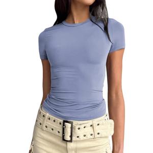 AKEWEI 1 Pack Women Short Sleeve Crop Top Basic Tees Fitted Trendy 2025 Summer Shirts Undershirts Casual Going Out Cropped T-shirt (Blue, S)