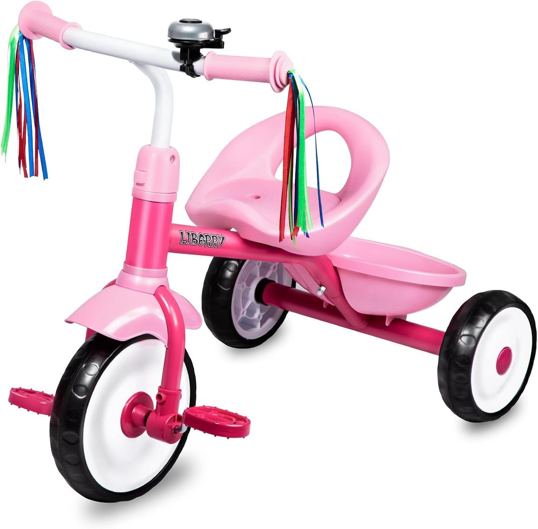 Liberry Toddler Tricycle Age 2 3 4 Years Old, Kids Trike with Bell, Back Basket and Removable Pedal, 3 Wheel Bike Birthday Toys Gift for Girls Boys, Pink, Large