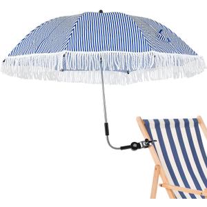 Eccliy Fringe Tassel Chair Umbrella with Clamp 360 Adjustable, UPF 50+ 41. 34'' Blue and White Stripes Clip on Umbrella for Beach Outdoor, Patio, Camping, Golf Cart (Chair Not Included)