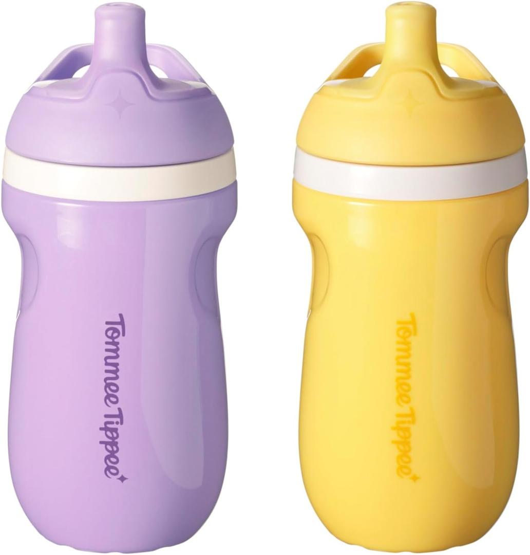 Tommee Tippee Insulated 9oz Sporty Spout Toddler Water Bottle, No Spill, Sippy Cups for Toddlers 1-3, Two-Piece Valve Helps Stop Spills, Yellow & Purple, BPA Free, Pack of 2