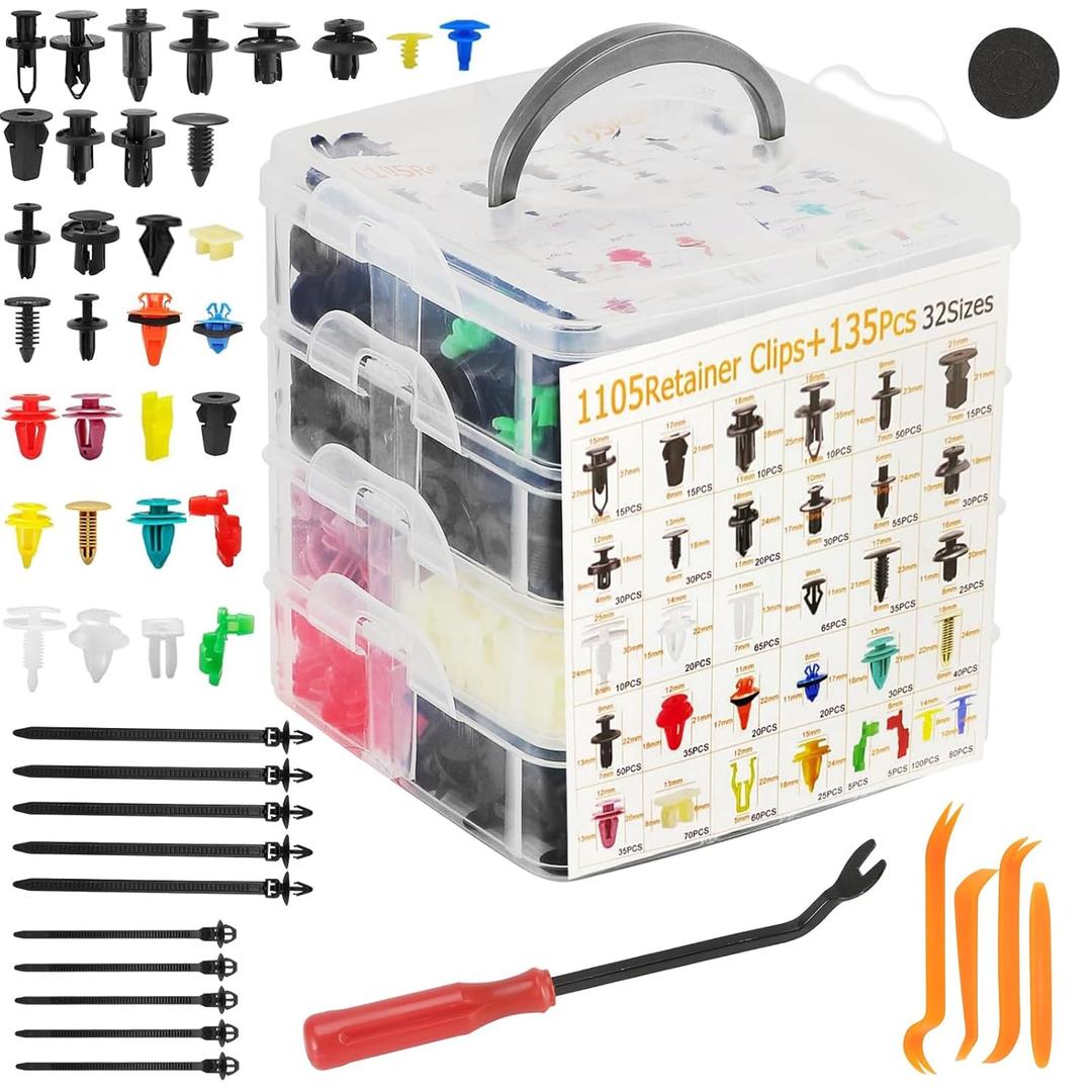 1240Pcs Car Retainer Clips & Fasteners Kit 32 Universal Sizes Nylon Bumper, Fender Rivets, Door Panel Clips, and Plastic Rivets with 10 Cable Ties and Removal Tool for Toyota, Ford, Benz (1240pcs)