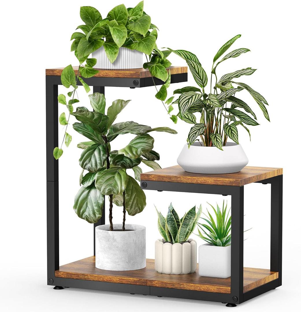 3 Tier Plant Stand Indoor, Thickened Metal Wood Corner Plant Shelf Stands for Multiple Plants, Indoor Tall Plants Stand Tiered Flower Holder for Living Room Patio Garden Balcony(Black+Brown)