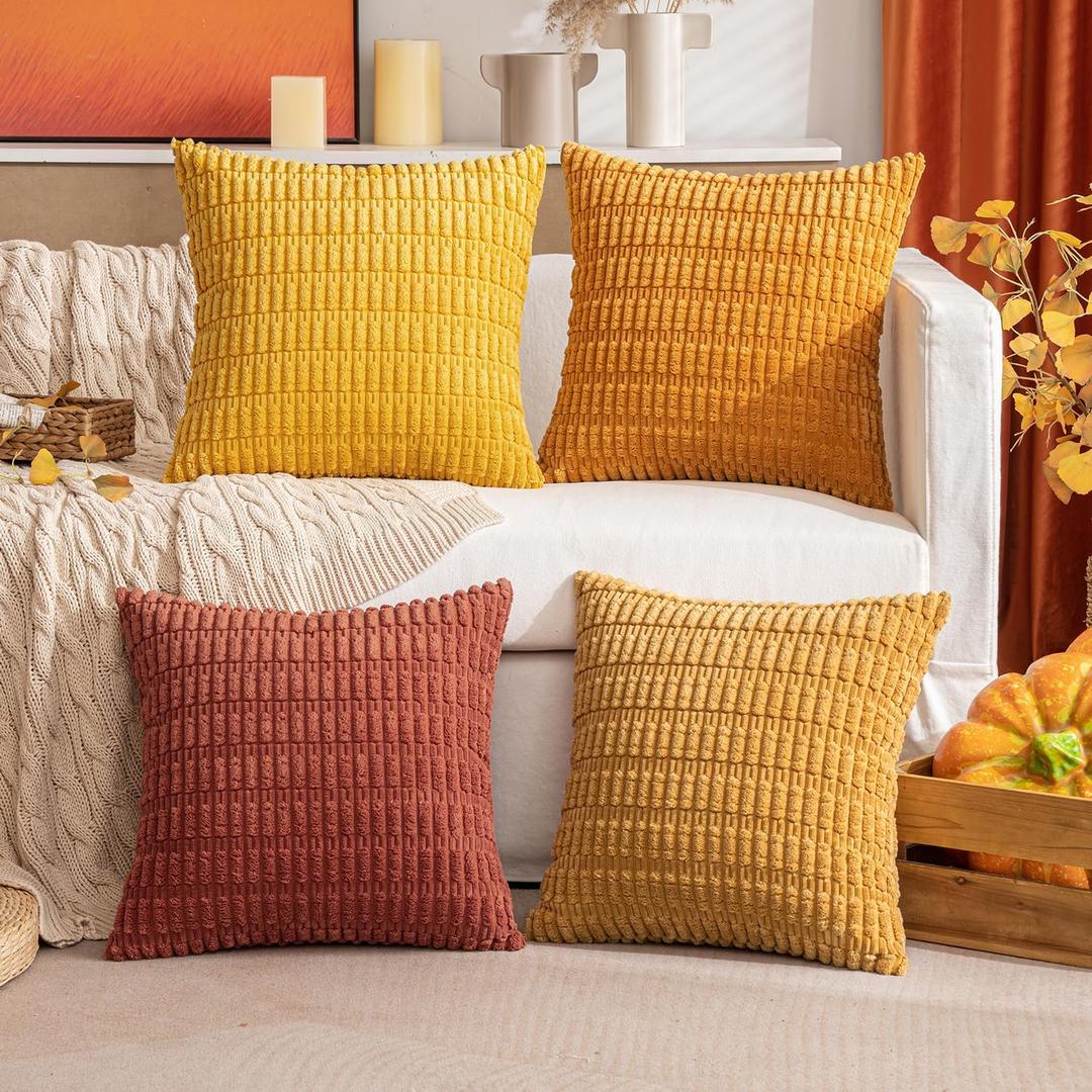 MIULEE Pack of 4 Fall Boho Farmhouse Orange Yellow Corduroy Decorative Throw Pillow Covers 18x18 Inch Soft Striped Pillow Covers Modern Rustic Home Decor for Sofa Living Room Couch Bed
