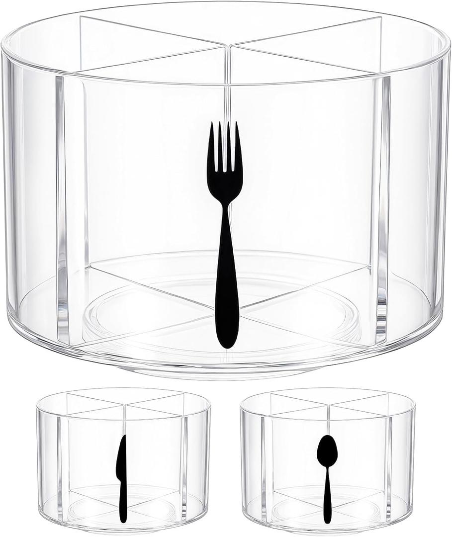360 Rotating Acrylic Utensil Caddy, 4 Compartment Plastic Silverware Cutlery Holder Countertop Flatware Storage Organizer for Kitchen Office Desk Picnic Camping Party