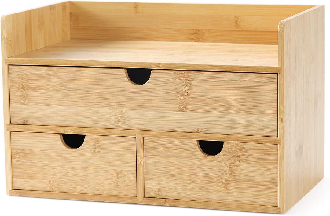 Bamboo Desk Organizer with Drawers, 3-Drawer Desktop Storage Box