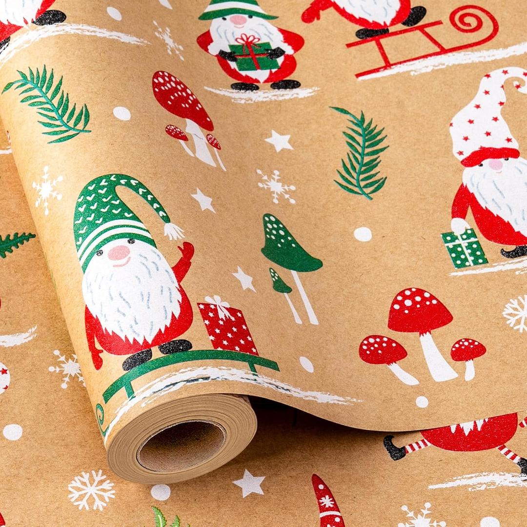 Yarcony Kraft Christmas Wrapping Paper Roll, Gnome Christmas Gift Wrapping Paper, Recycled Retro Festive Woodland Gnome Mushroom Gift Wrap Present Paper for Winter Holiday, Crafts (17 Inch X 33 Feet)