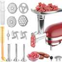 Metal Meat Grinder Attachment for Kitchen Aid Stand Mixers, Meat Grinder Attachment Replacement Includes 3 Sausage Stuffer Tubes, 4 Grinding Plates, 3 Grinding Blades, Screw, Front Cover
