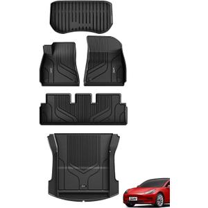 3W All-Weather TPE Floor Liner - Full Set Black Floor Mats and Cargo Liner Mat Custom Fit for Tesla Model 3 2021-2023