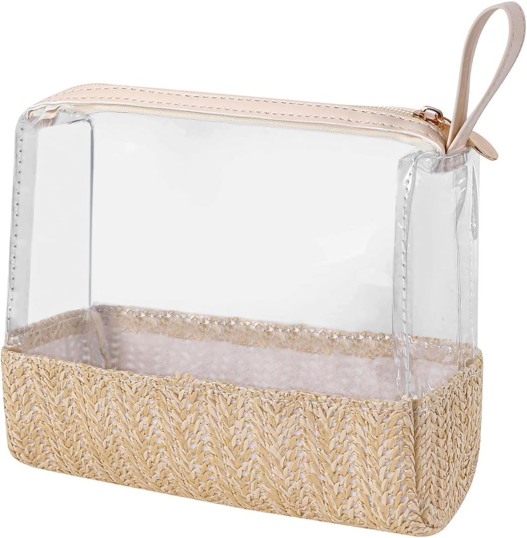 RSRSLEII Boho Small Clear PVC Waterproof Makeup Bag with handle, Transparent Zipper Cosmetic Bag for Travel, Beach Bag for Sun screen Skincare (02 Beige-1)