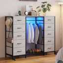 LUMTOK 55"W Dresser with Hanging Rack,10 Fabric drawers & Hooks for Bedroom, 20.5"D x 55.2"W x 43.3"H