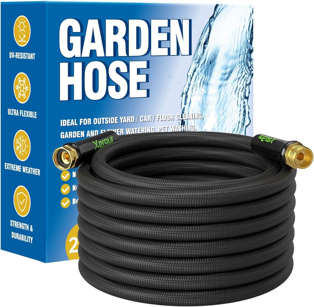Flexible Garden Hose Water Pipe - 25FT Lightweight Garden Water Hose, Portable Patio Hose with Solid Brass Fittings and Double Latex Core for Pet Washing, Black