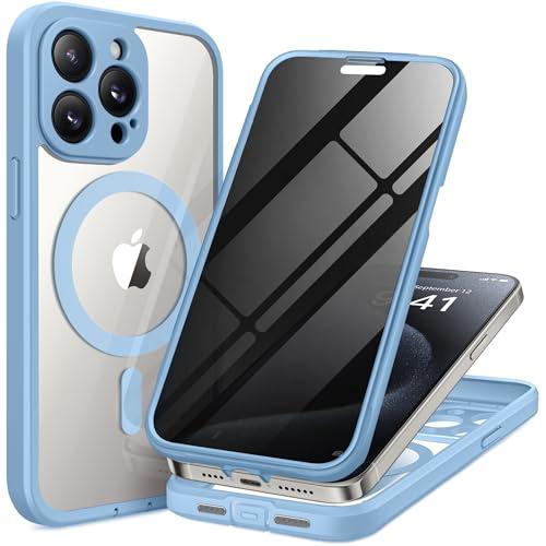 TIESZEN Magnetic for iPhone 15 Pro Case, Compatible with MagSafe, Built-in Privacy Screen Protector and Camera Protection, Anti Spy Full Body Dustproof Shockproof Hard Phone Case 6.1", Sky Blue