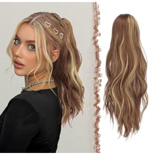 FESHFEN Ponytail Extensions, Long Claw Clip in Ponytail Hairpiece Synthetic Pony Tails Hair Piece Natural Wavy Hairpieces for Women, 20 inch Brown & Blonde 