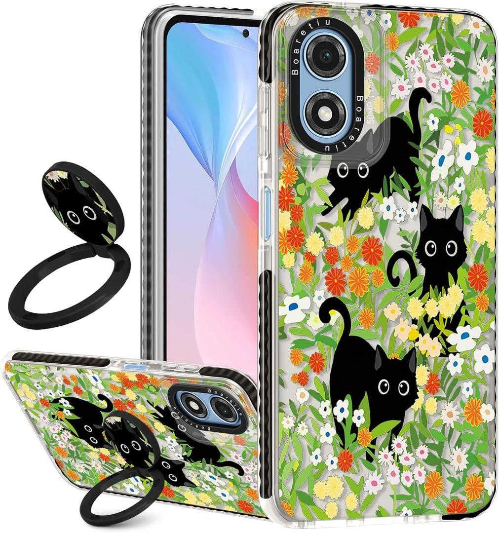 Boaretiu Cute Kawaii for Moto G Play 2024 Case with Stand - Fashion Cool 360 Rotate Ring Holder Kickstand Design for Women Girls Boys Teens Girly for Motorola Moto G Play Case, Flower Cat