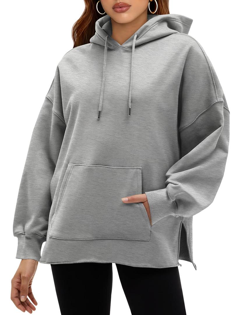 Fisoew Women's Hoodies Oversized Sweatshirts Casual Long Sleeve Side Slit Pullover Tops Fall Winter Outfits with Pocket Grey (Gray, S)