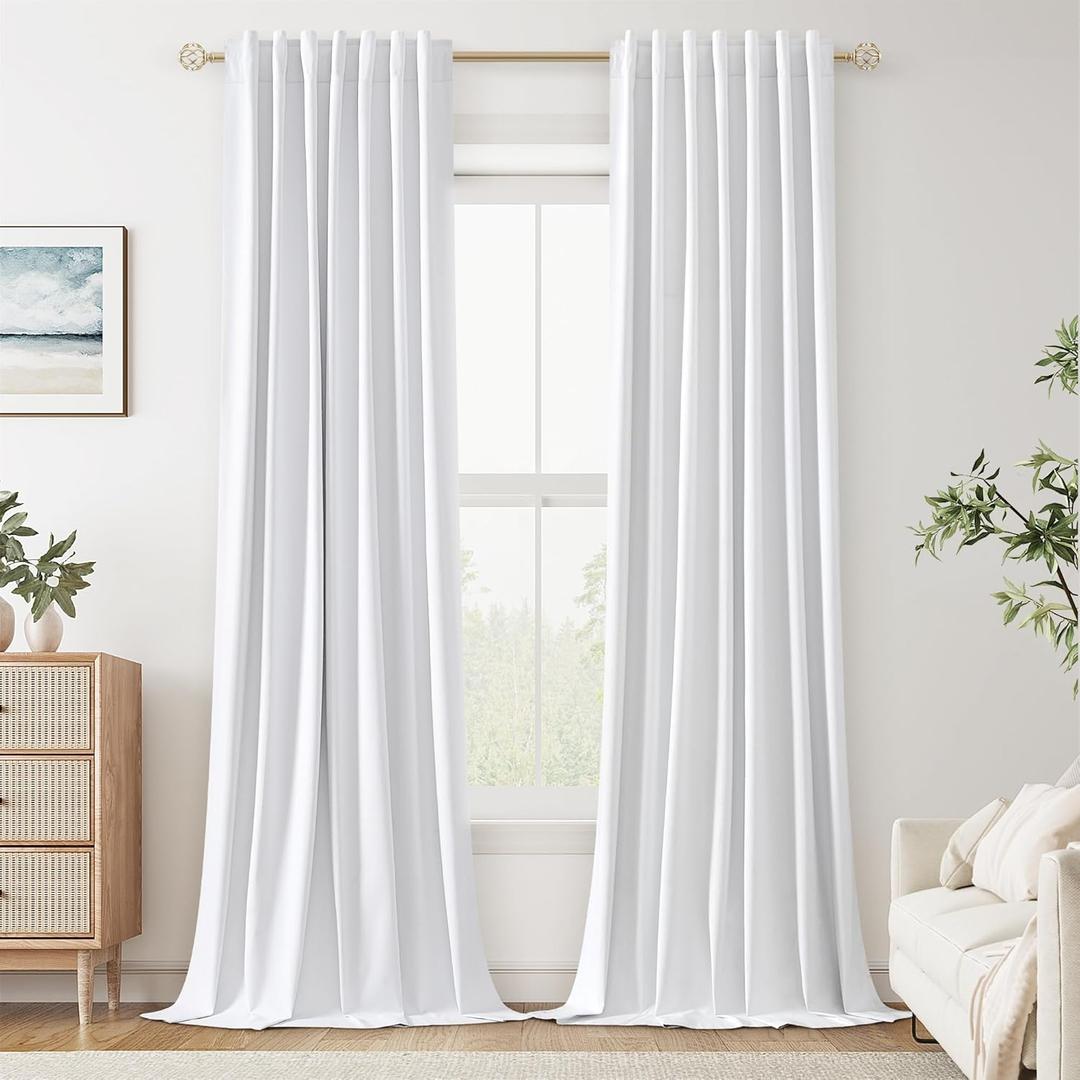 Guken White Linen Blackout Curtains 96 Inch Length 2 Panels Set for Living Room Bedroom Back Tab Thermal Insulated 100% Black Out Linen Drapes Room Darkening Window Curtains 96 Inches Long White