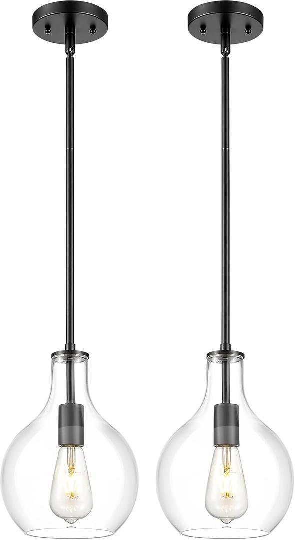 Emak 2 Pack Pendant Lights Kitchen Island, 8 Inch Black Pendant Light Fixtures with Clear Glass, Modern Farmhouse Hanging Lights for Kitchen, Bathroom, Bedroom, Dining Room, PL125-BK-2PK