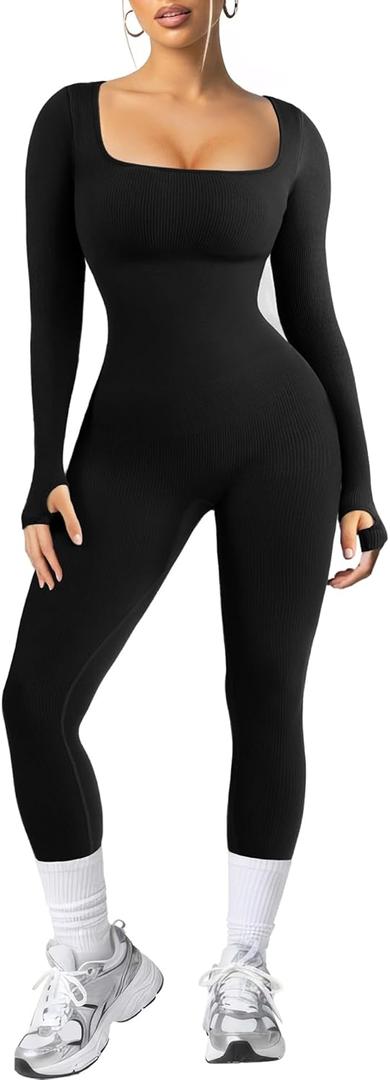 Popilush Jumpsuits for Women Long Sleeve Built-In Bra Square Neck Full Length Leggings Bodycon Stretch Workout Outfits (Large, Black)