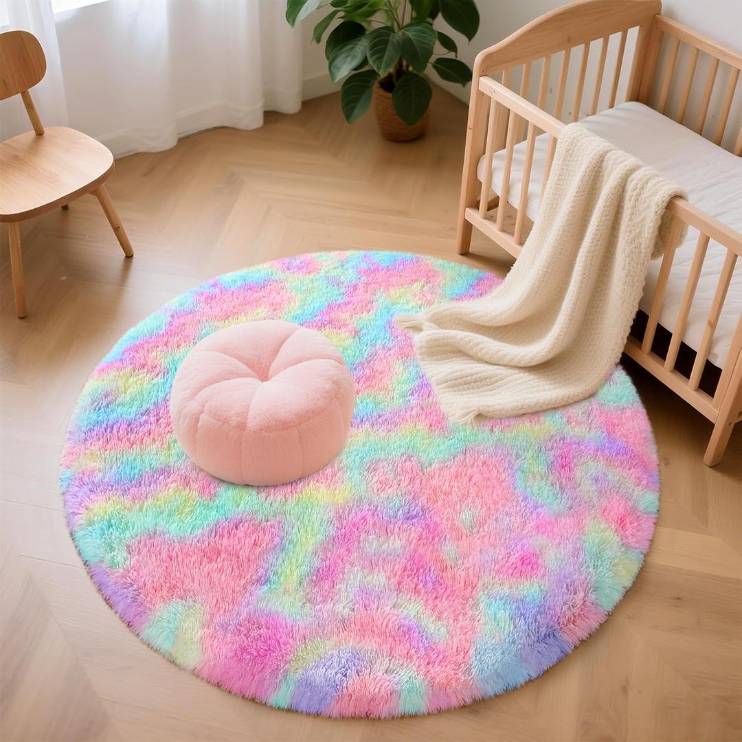Rainbow Round Rug for Bedroom, 4Ft Fluffy Circle Area Rugs for Living Room, Shag Fuzzy Carpet for Kids Room, Nursery, Dorm, Classroom, Teen, Cute Baby Play Mat Home Decor Aesthetic