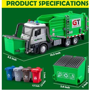 Garbage Truck Toys for Boys, 12" Big Trash Truck with Lights and Sounds, Friction Powered Waste Management Recycling Toy Set with 4 Trash Cans and Sorting Cards, Gift for Kids