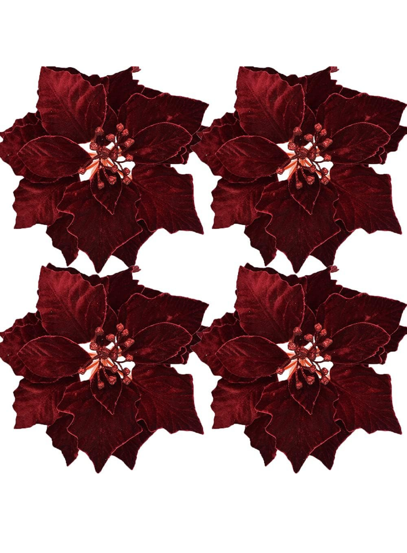8 Pack Christmas Poinsettia Decorations 9.8In Artificial Velvet Flowers for Christmas Tree Ornament DIY Wreath Xmas Party Home Supplies (Dark Red)