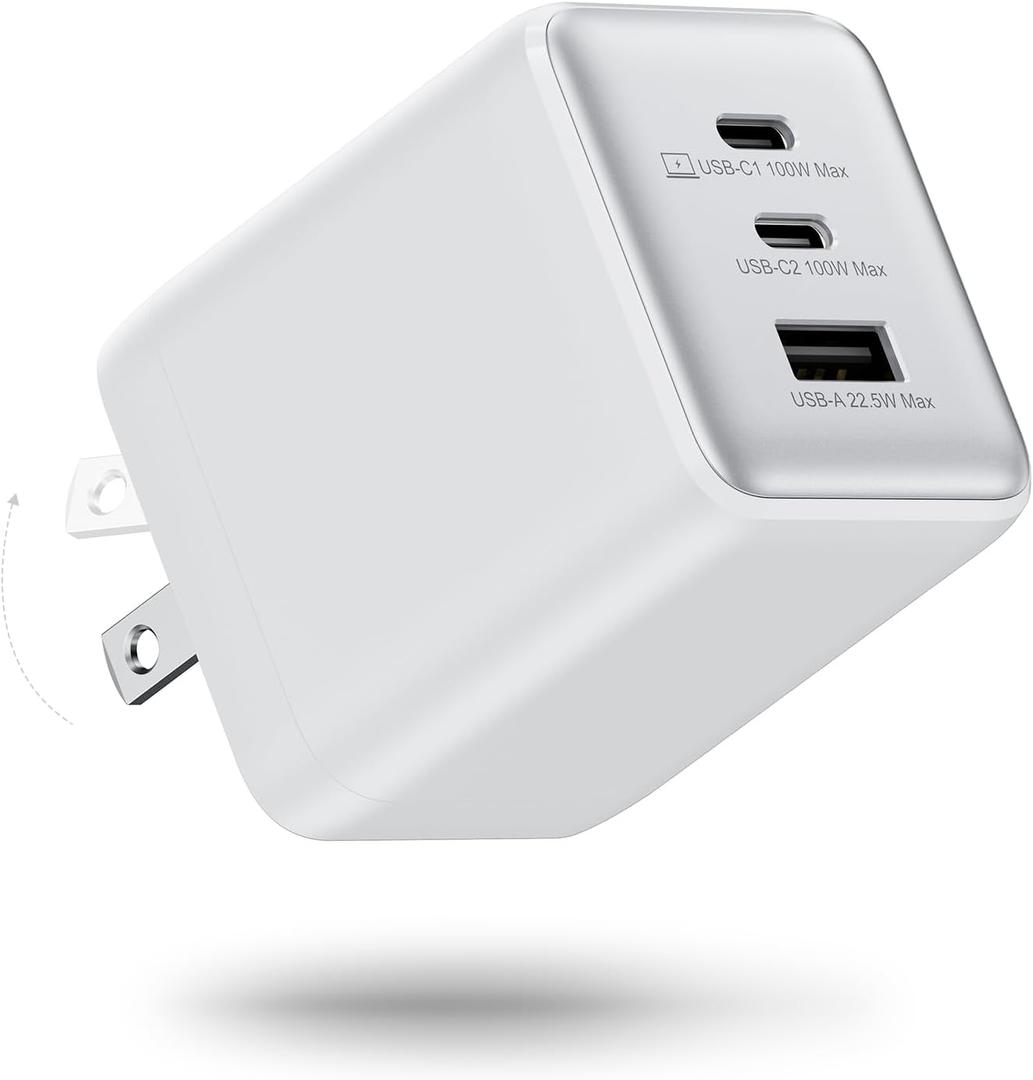 100W USB C Charger Block, 3-Port Compact Foldable Power Adapter USB Wall Charger for MacBook Pro/Air, Dell XPS, iPad Pro, iPhone Series, Galaxy S25/S24, and More (White)