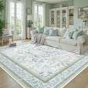 DCX Green 4x6 Rug, Kid & Pet Friendly with Rubber Back Non Slip, Machine Washable Stain Resistant Botanical Floral Rug for Living Room, Bedroom, Soft Low Pile Large Nursery Carpet