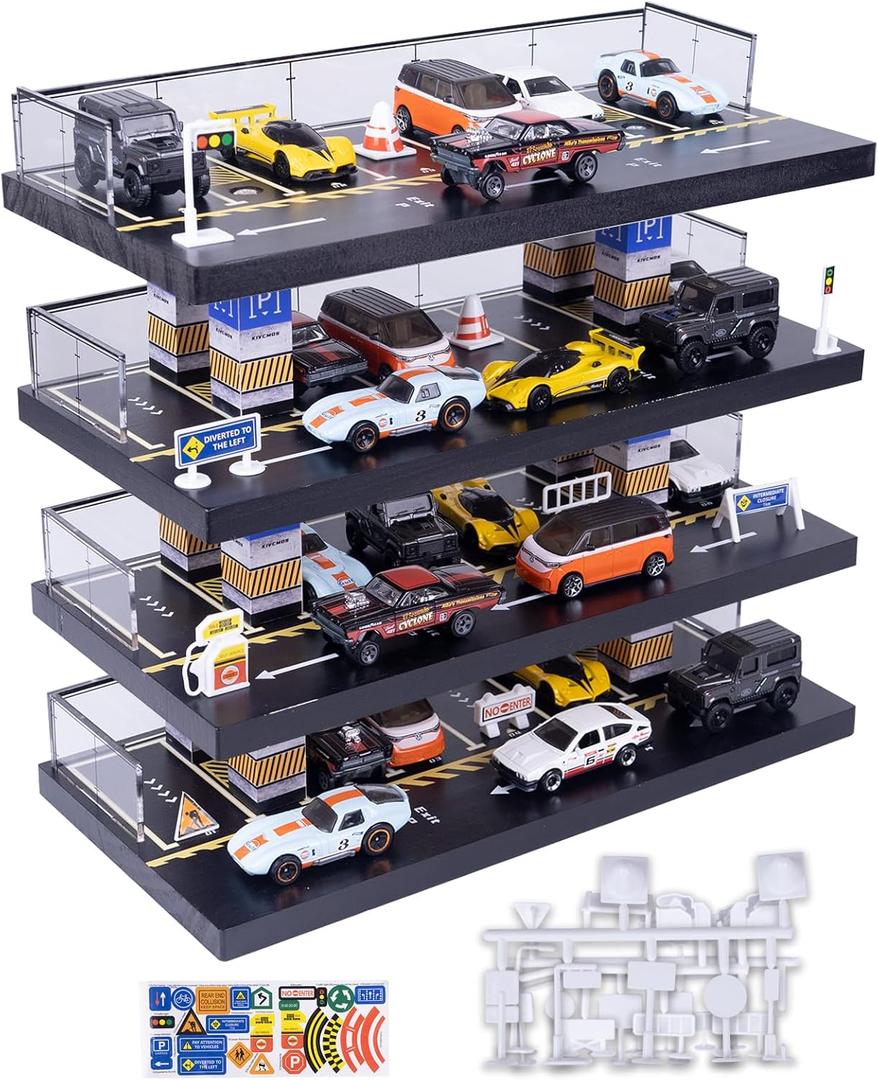 Hot Direct Wheels Dispaly Case,1/64 Scale Diecast Toy Car Storage, Parking Garage Diorama - Freestanding Storage with 4 Levels 24 Spots Maximum 40 Cars (Cars Not Included)