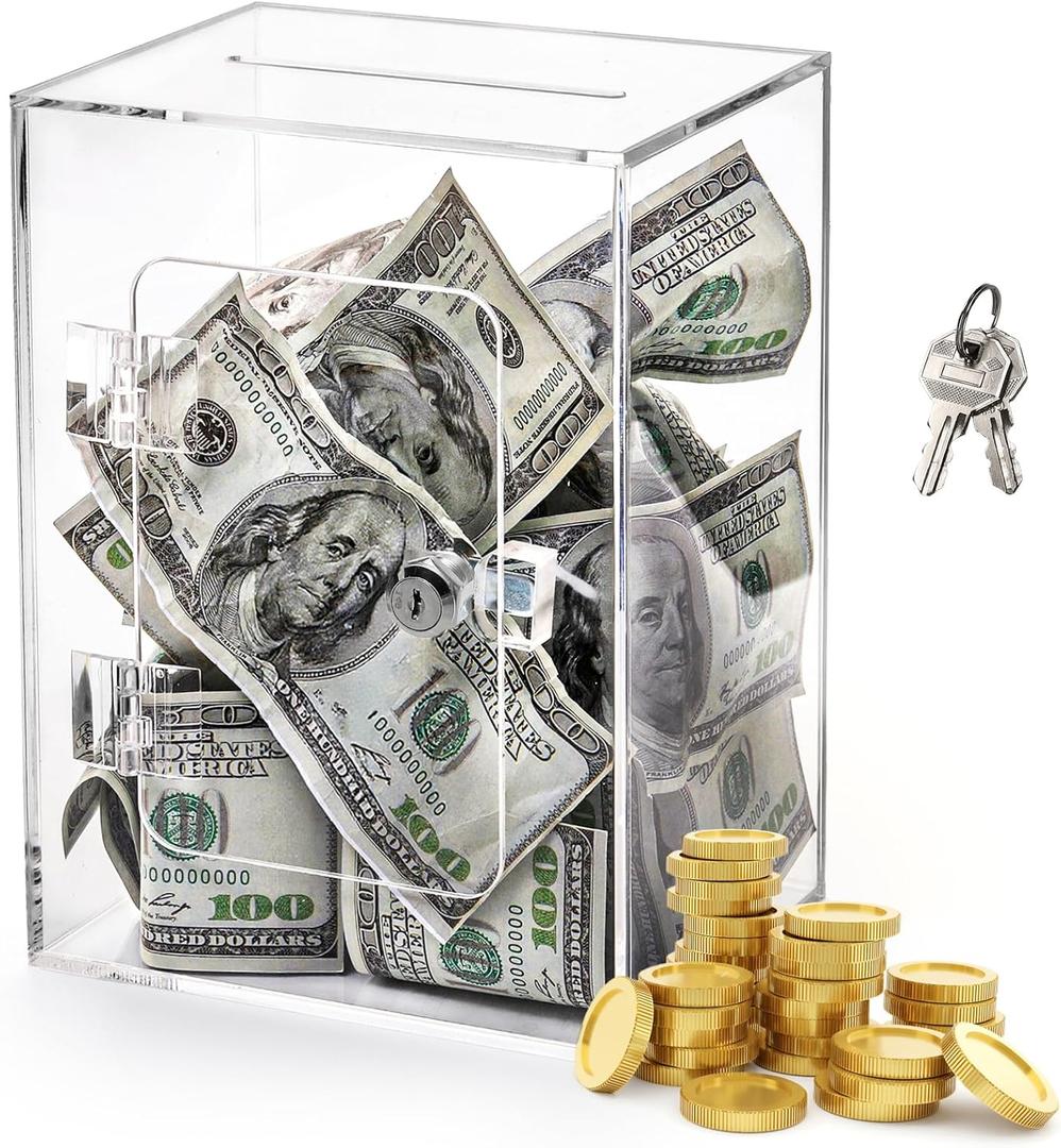 Clear Piggy Bank for Adults Kids, Acrylic Money Saving Box with Lock, Reusable Coin Cash Storing Container with Key, Openable Unbreakable Money Change Jar Pot for Birthday Gift Home Decoration