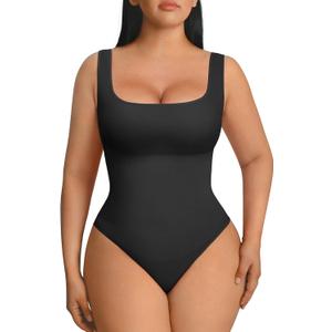 FeelinGirl Bodysuits for Women Seamless Square Neck Tummy Control Compression Thong Shapewear Bodysuit Tank Tops Bodysuit (Black, XL)