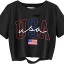 American Flag Crop Tops Women USA Crop Shirt Patriotic 4th of July Tee USA Shirts for Women  Large