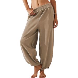 Himosyber Women Cotton Pants Wide Leg Pants Casual Loose Baggy Elastic Waist Beach Palazzo Harem Pants (Brown, M)