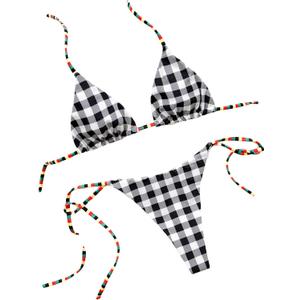 Women's Plaid Print Colorblock Bathing Suit Halter Summer Boho Swimsuit Bikini Set (L)