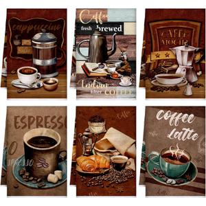 Boyiee Set of 6 Coffee Kitchen Towels Brown Dish Towels 24 x 16 Inches Absorbent Decorative Dish Cloths Retro Hand Accessories for Coffee Bar Decor Housewarming Gifts Wedding Shower Decoration