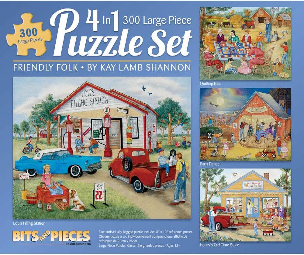Bits and Pieces 4-in-1 Multi-Pack 300 Piece Jigsaw Puzzles for Adults Friendly Folk by Artist Kay Lamb Shannon, Completed Puzzle Size: 16" x 20"
