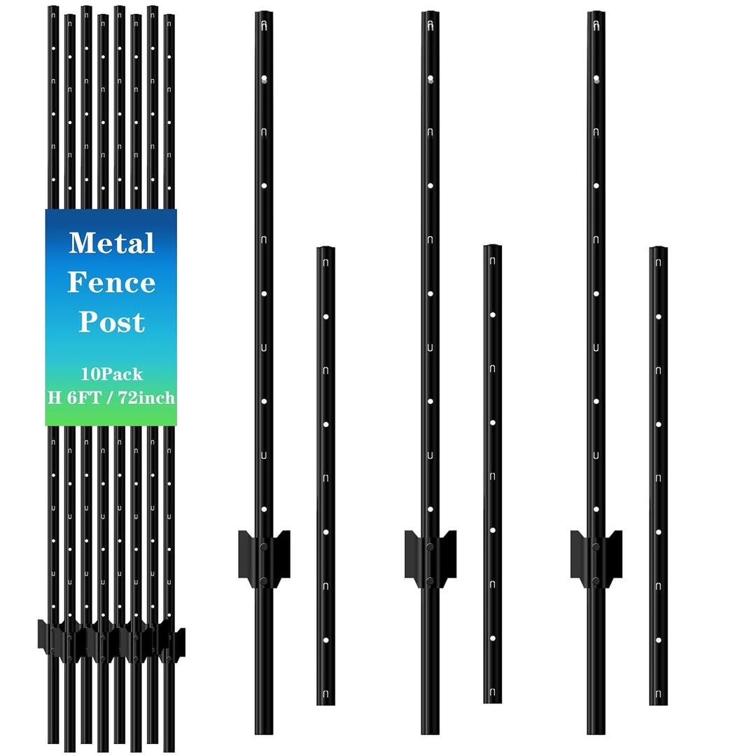 10 Pack Metal Fence Post, 6FT Heavy Duty U-Post for Wire Fence, No Dig T Posts Garden Fencing Stakes for Temporary Fencing, Electric Fence Wire, Corner Anchor
