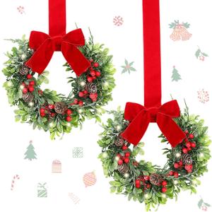 2 Pcs 9 Mini Christmas Wreath for Front Door Christmas Artificial Red Berries Parasitic Leaf Winter Wreath for Cabinet Wedding Window Home Wall Indoor Decor