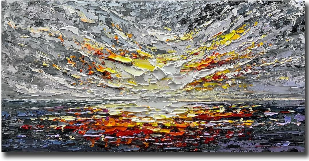 V-inspire Art,Modern Abstract Hand Painted Oil Painting - Sunset Glow - 24x48 Inch Acrylic Canvas for Living Room Bedroom Dining Room Office Home Decor