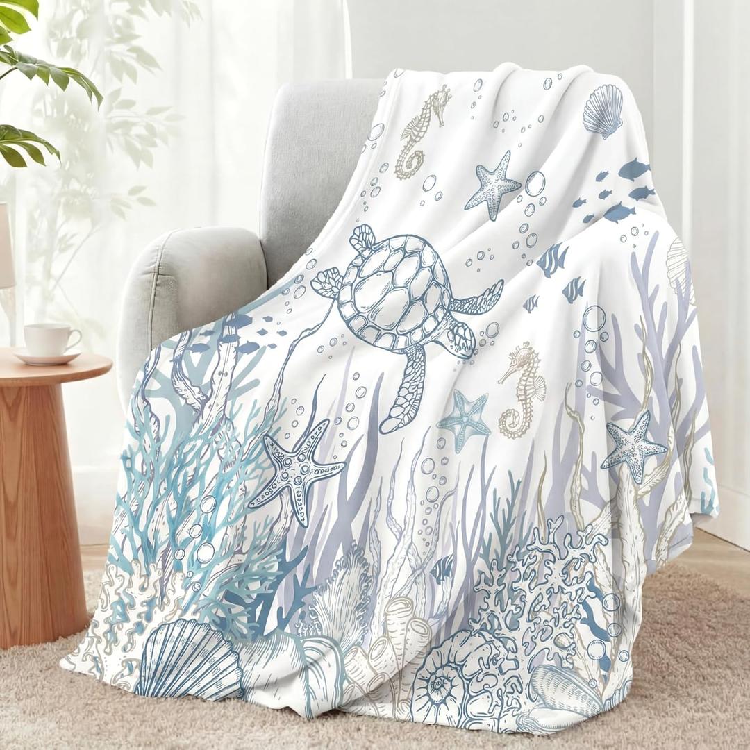 Hahafelt Coastal Sea Turtle Throw Blanket Nautical Beach Fleece Blanket Blue White Ocean Blankets for Couch Bed Tropical Cozy Soft Throw Decoration Warm Gift for Summer, 50 x 60 Inches