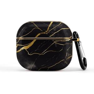 Hard Shell Headphone Case Black and Gold Marble Texture Protective Cover High Drop Protection with Keychain Bluetooth Earphone Case