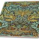 3D Rose Image of William Morris Peacock and Dragon in Gold and Aqua Ceramic Tile, Multicolor
