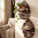 2 Pack Double Layer Palm Leaf Wall Shelves 15.8 x 12.4 Inch Wooden Hanging Shelves with Vintage Hollow Design, Tropical Wall Art for Living Room, Kitchen, Bedroom, Office Decor