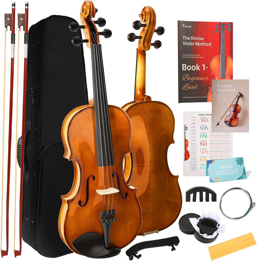 Kmise Teacher Approved 4/4 Full Size Violin Starter Kit for Adults Beginners Students, High Density Ebony Acoustic Violins, Fiddle Bundle with Case, Bow, Rosin, Strings, Shoulder Rest & Guide