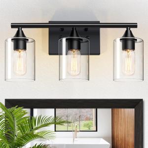 Bathroom Lighting Fixtures Over Mirror,3-Light Black Bathroom Vanity Light,Sconces Wall Lighting with Clear Glass Shade,Light Fixture for Bedroom Living Room Vanity Table Hallway