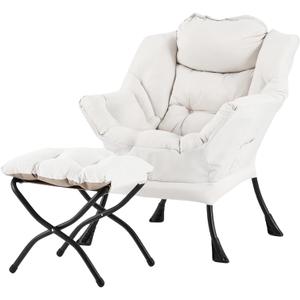 Lazy Chair with Ottoman, Modern Lounge Accent Armchair Leisure Upholstered Lazy Sofa Set with Armrests, Reading Chair for Living Room, Bedroom, Office, Beige (Beige)