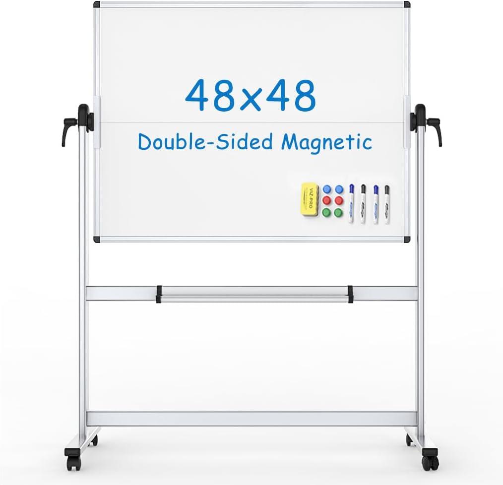 VIZ-PRO Double-Sided Mobile Whiteboard, 48 x 48 Inches, Magnetic Rolling Dry Erase White Board on Wheels with Aluminium Frame and Stand 4' x 4'