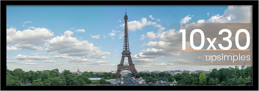 upsimples 10x30 Picture Frame, Display Pictures 8x24 with Mat or 10 x 30 Without, Wall Hanging Panoramic Frames, Black, 1 Pack