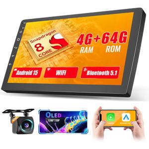 [Qualcomm] Hikity 8 Core 4+64GB Android 15 Double Din Car Stereo Wireless Carplay Android Auto, 10.1 Inch Touchscreen Car Radio with GPS Bluetooth WiFi Backup Cam DSP/FM/RDS SWC Mic